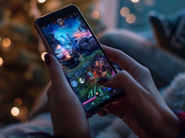 Mobile gamer playing an in-depth game