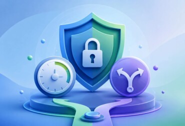 Abstract shield, clock, lock, and branching-path icons representing time limits, account protection, and mindful app use.