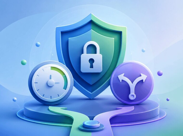 Abstract shield, clock, lock, and branching-path icons representing time limits, account protection, and mindful app use.