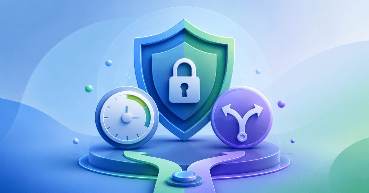 Abstract shield, clock, lock, and branching-path icons representing time limits, account protection, and mindful app use.